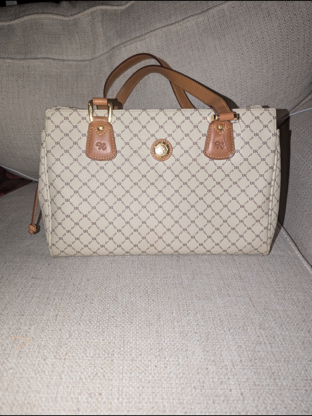 Roni Rabl Beige Patterned Satchel with Tan Handles